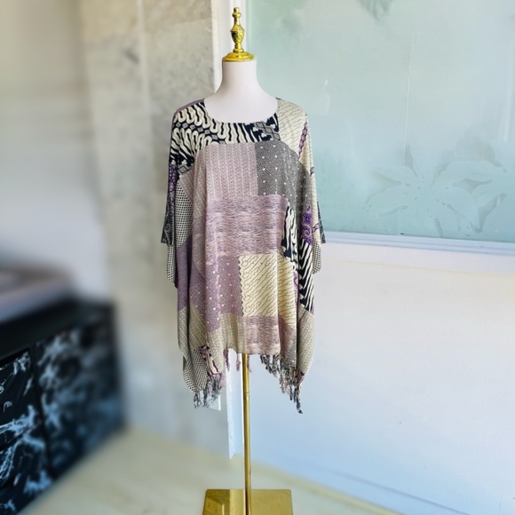 0059/ purple Multicolor Poncho with fringed, Batik Poncho with fringed - Picture 7 of 9